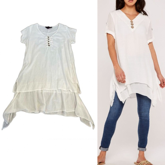100% Cotton White Layered Lagenlook Tunic Dress, Crinkled Texture O/S fits S/M/L - Picture 1 of 15